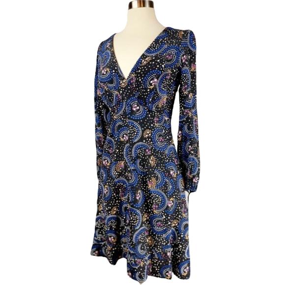 ANTHROPOLOGIE Gianna Tunic Dress Star Galaxy Print Surplice Neck 2 Black NWT - Picture 4 of 10